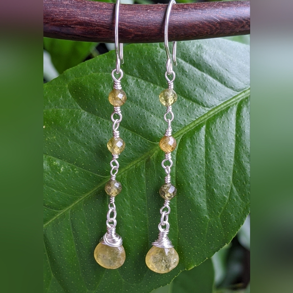 Earthy Green Garnet Earrings Dainty Sterling Silver Elegant Dangle Drop - Picture 7 of 12